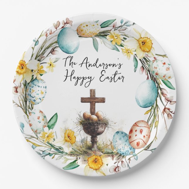 Plato De Papel Cruz con huevos decorativos I floral Pascua (Anverso)
