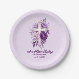 Plato De Papel Cruz Cristiana Floral de Acuarela Morada Elegante
