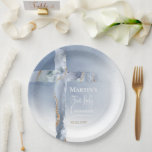 Plato De Papel cruz de agate azul polvoriento Primera Comunión<br><div class="desc">Primeras placas de papel personalizadas de la Santa Comunión</div>