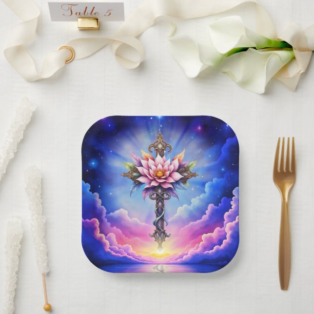 Plato De Papel Cruz de Loto Celestial  (Boda)