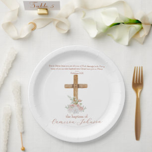 Plato De Papel Cruz de madera blanca y rosa Verso de la Biblia pa