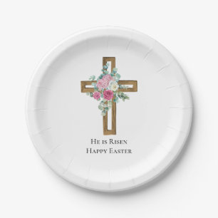 Plato De Papel Cruz de madera floral de Pascua religiosa Él ha re