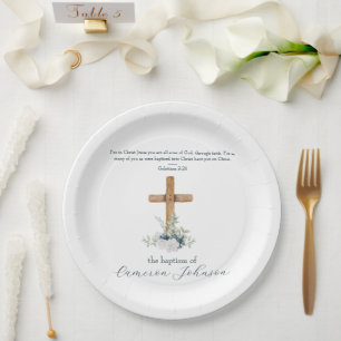 Plato De Papel Cruz de madera Versículo de la Biblia de Bautizo B