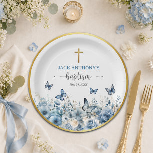 Plato De Papel Cruz de oro elegante bautizo floral azul