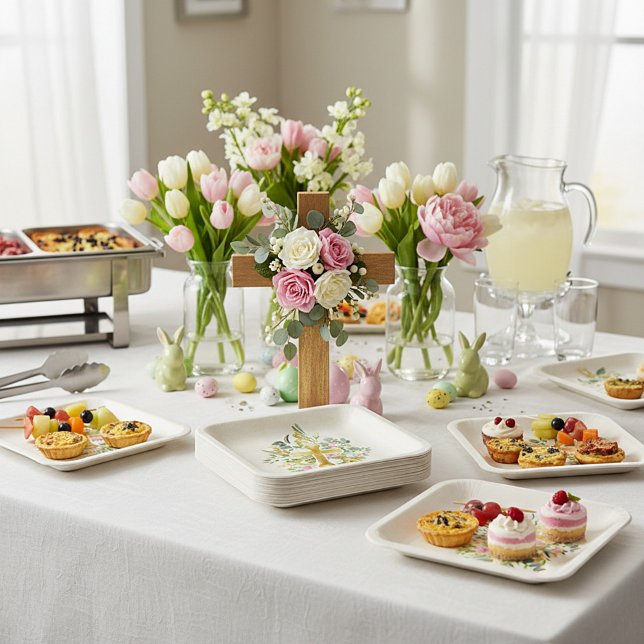 Plato De Papel Cruz de oro y rosas rosadas personalizado Pascua (Subido por el creador)