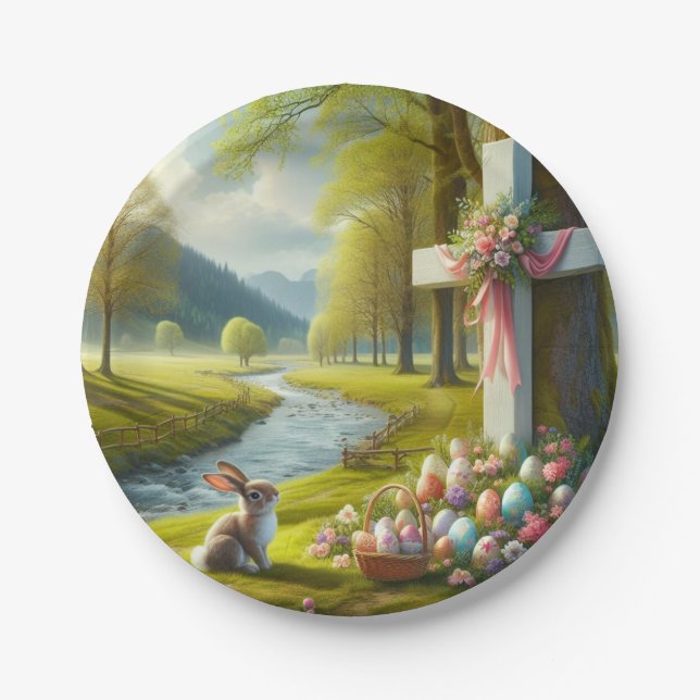 Plato De Papel Cruz de Pascua con conejo y huevos (Anverso)
