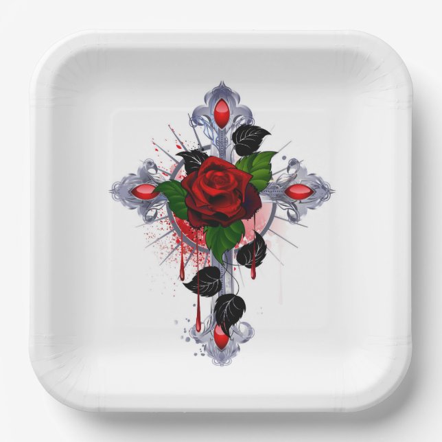 Plato De Papel Cruz de Plata con una Rosa Roja (Anverso)