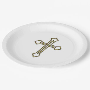 Plato De Papel Cruz dorada con relieve 3D