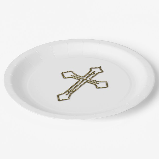 Plato De Papel Cruz dorada con relieve 3D (Angular)