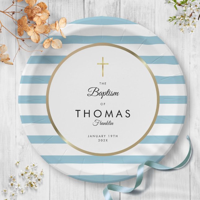 Plato De Papel Cruz dorada de franja azul Bautizo Bautismo (Blue Stripe Gold Cross Baptism Christening Paper Plates)