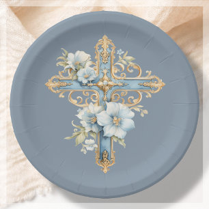 Plato De Papel Cruz Floral Azul Primera Santa Comunión