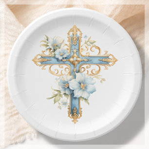 Plato De Papel Cruz Floral Azul Primera Santa Comunión