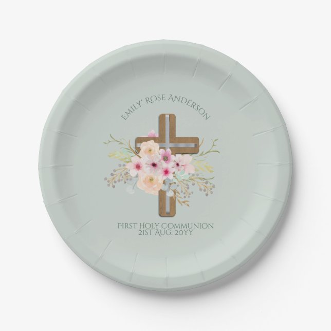 Plato De Papel Cruz Floral de la Santa Comunión Personalizada (Anverso)