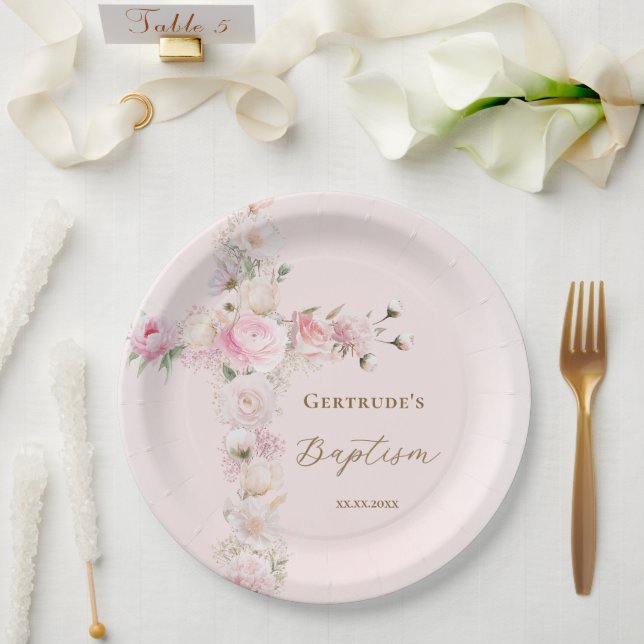 Plato De Papel Cruz floral rosa de bautizo (Boda)