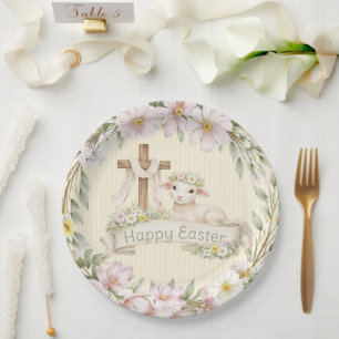 Plato De Papel Cruz floral y cordero   Felices Pascuas