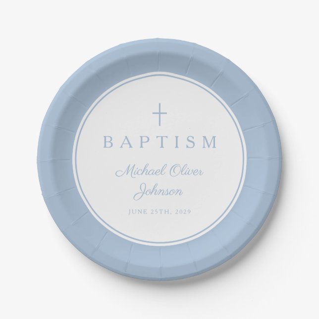 Plato De Papel Cruz Religiosa Azul Bebé Moderna Bautizo (Anverso)