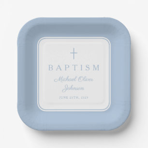 Plato De Papel Cruz religiosa azul bebé moderna niño bautizo