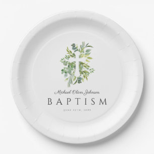 Plato De Papel Cruz Religiosa Botánica Elegante Bautizo