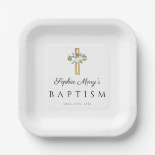 Plato De Papel Cruz Religiosa Elegante Blanca Floral Bautizo