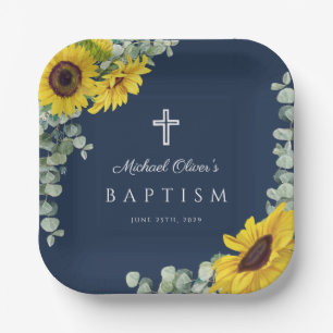 Plato De Papel Cruz Religiosa Floral Azul Marino Bautizo