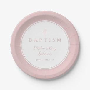 Plato De Papel Cruz Religiosa Rosa Moderna Niña Bautizo