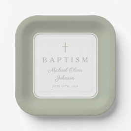 Plato De Papel Cruz Religiosa Verde Sage Moderna Bautizo Niño