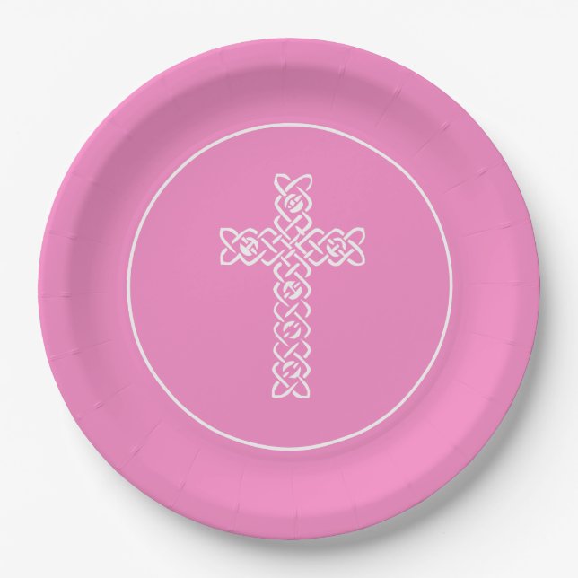 Plato De Papel Cruzar | Taffy Pink Community Baptism Christening (Anverso)