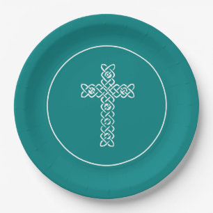 Plato De Papel Cruzar Verde azulado Baptism Christen