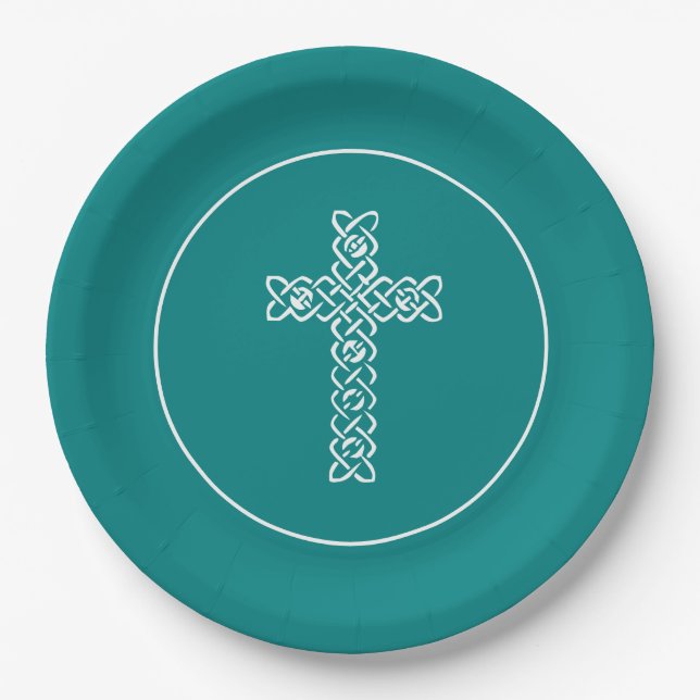 Plato De Papel Cruzar | Verde azulado Baptism Christen (Anverso)