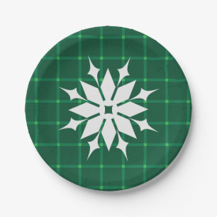 Plato De Papel Cuaadros verde oscuro con copo de nieve festivo