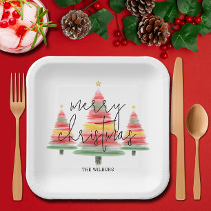 Plato De Papel Cuadrado de árboles navideños acuarela