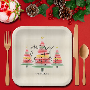 Plato De Papel Cuadrado de árboles navideños acuarela