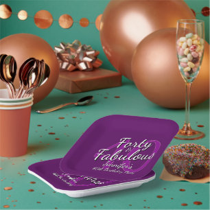 Plato De Papel Cuadrado de cumpleaños 40 Púrpura Rosa y Fabuloso
