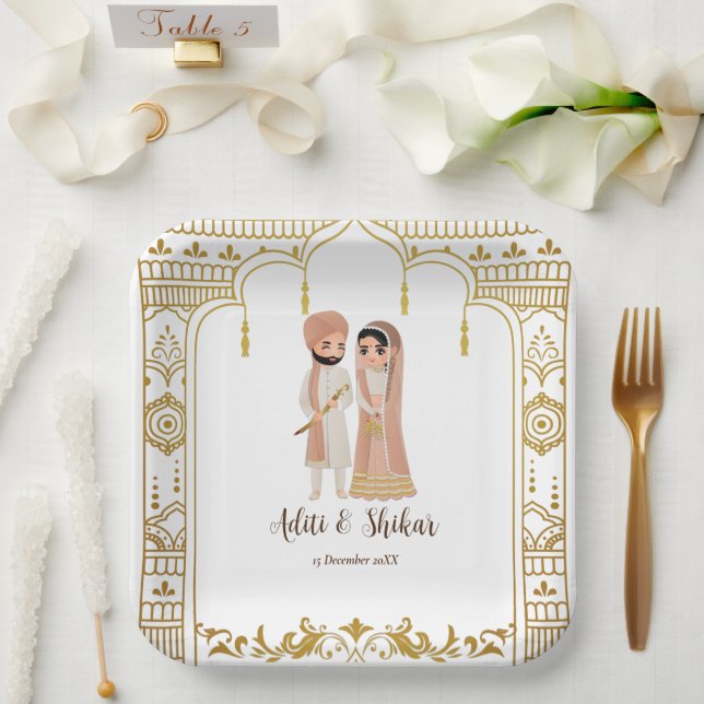 Plato De Papel Cuadrado de diseño fronterizo indio de Mandap dora (Boda)