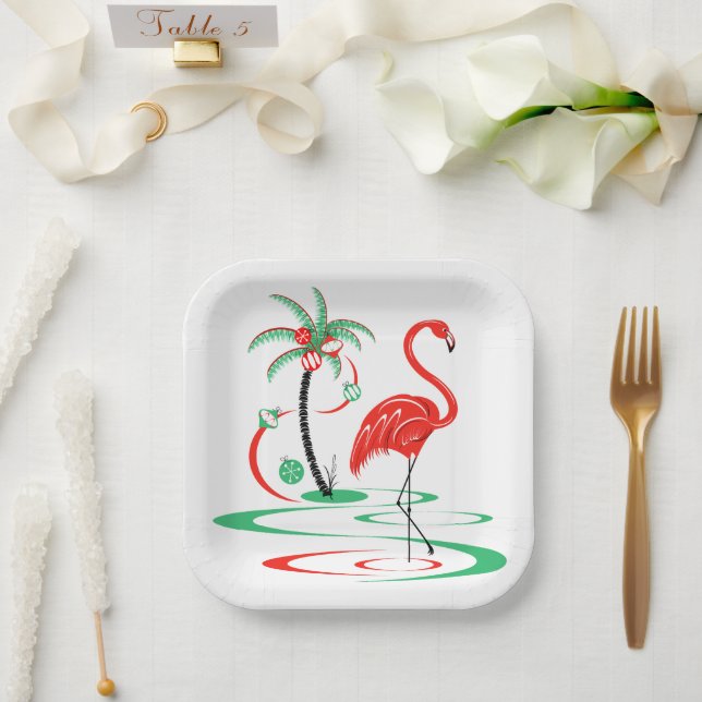 Plato de papel cuadrado de flamenco navideño rojo (Boda)