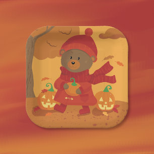Plato de papel cuadrado de oso de otoño de Hallowe