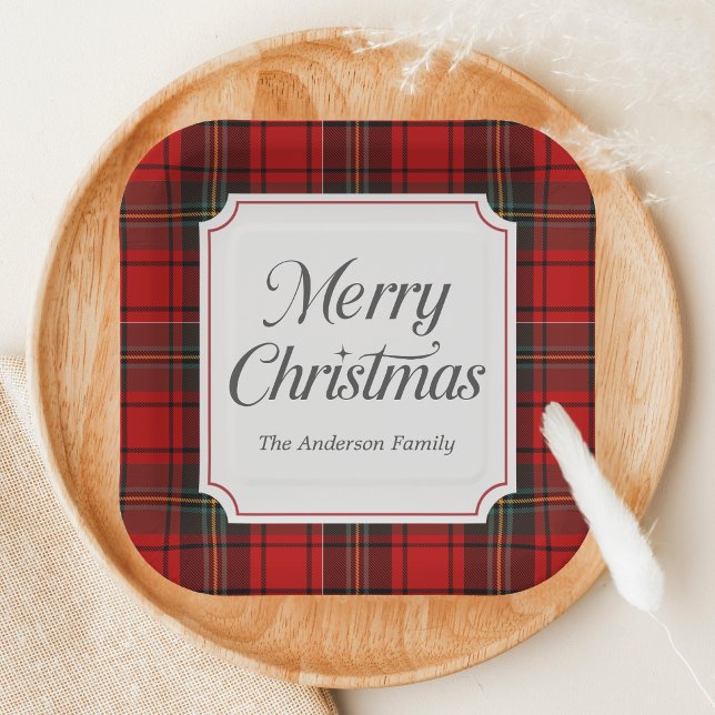 Plato De Papel Cuadrado de Plaid Rojo Feliz Navidad (Red Plaid Modern Merry Christmas Holiday Paper Plate
)