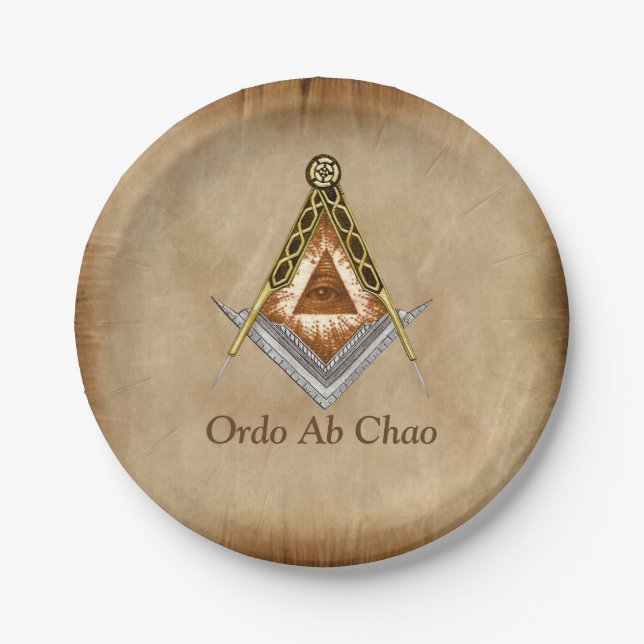 Plato De Papel Cuadrado dibujado a mano y brújula con todo el ojo (Anverso)