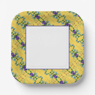 Plato De Papel Cuadrado floral amarillo dorado