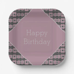 Plato De Papel Cuadrado floral de ciruela gris y rosa