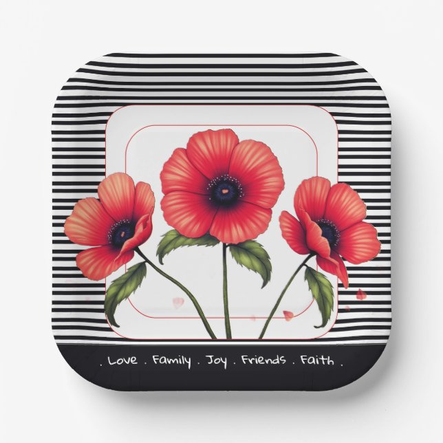 Plato De Papel Cuadrado floral rojo (Anverso)