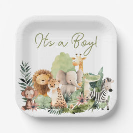 Plato de papel cuadrado para baby shower de animal