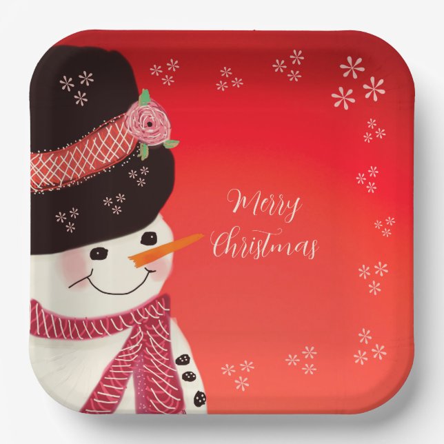 Plato De Papel Cuadrado personalizado de Snowman (Anverso)