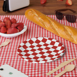 Plato De Papel Cuadrados a cuadros rojos blancos geométricos retr