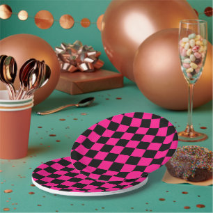 Plato De Papel Cuadrados a cuadros rosa caliente negro geométrico