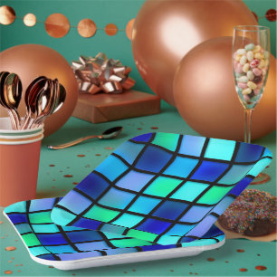 Plato De Papel Cuadrados azules