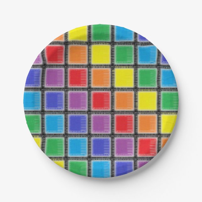 Plato De Papel Cuadrados con arcoiris (Anverso)