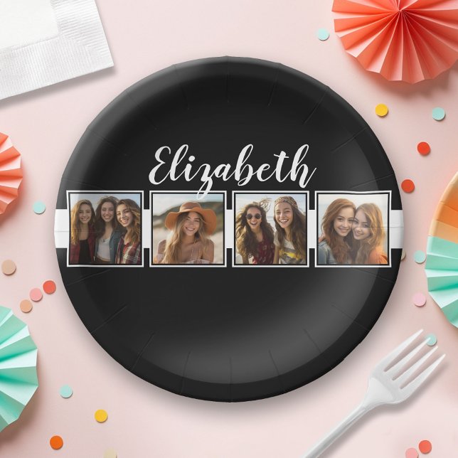 Plato De Papel Cuadrados de Collage de fotos en blanco y negro pe (Custom Paper Plate for a Party)