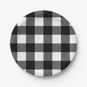 Plato De Papel Cuadrados de cuadros negros y blancos de Plaid de