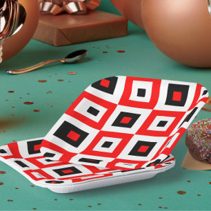Plato De Papel Cuadrados de cuadros rojos negros y blancos Diseño